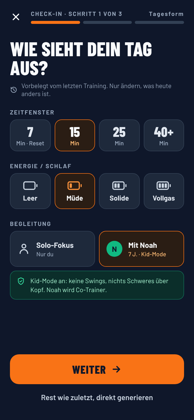 App-Screen: Check-in mit Tagesform