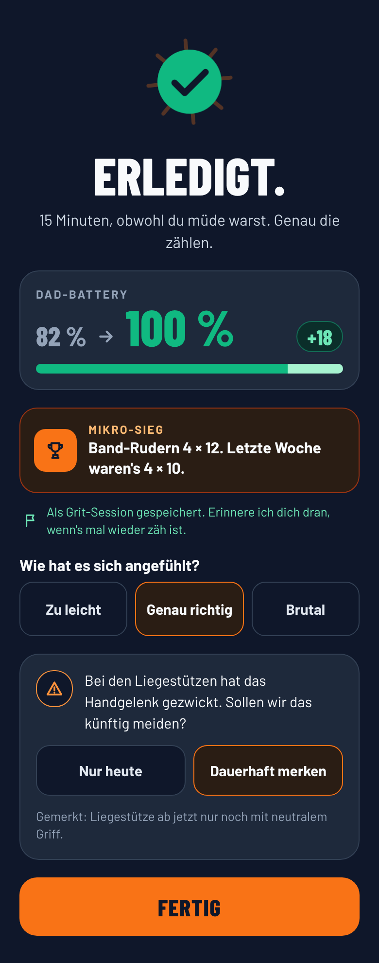 App-Screen: Abschluss mit Dad-Battery