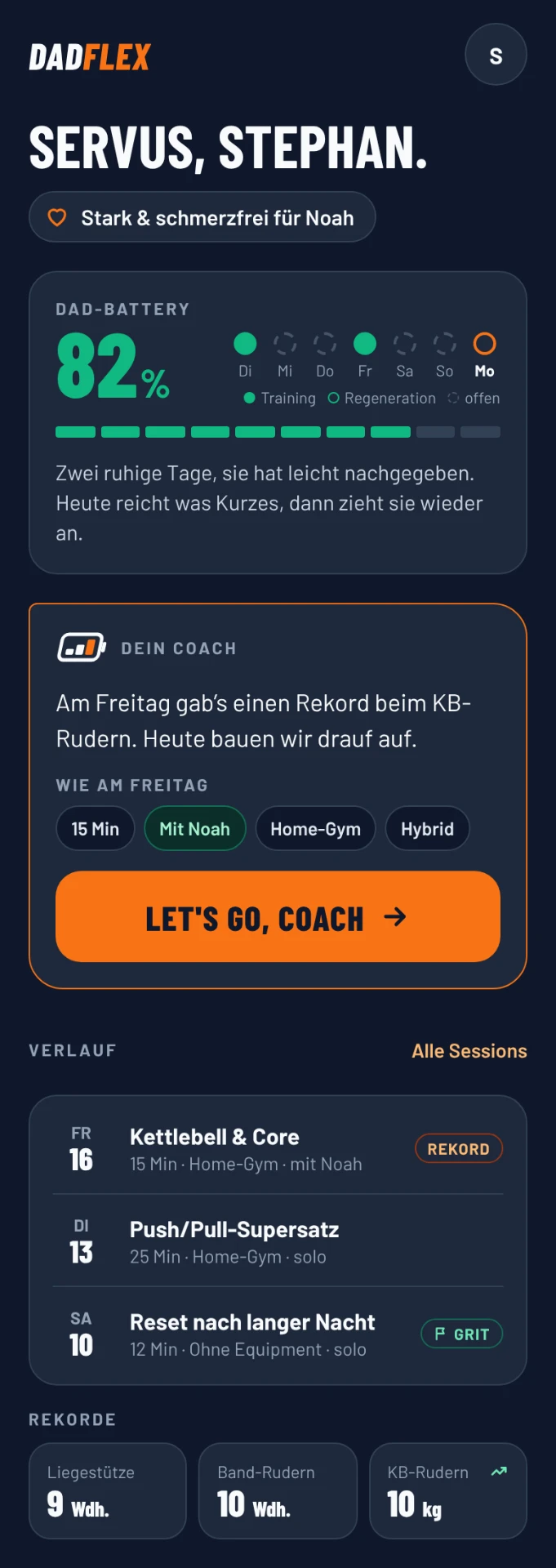 App-Screen: Startseite mit Dad-Battery